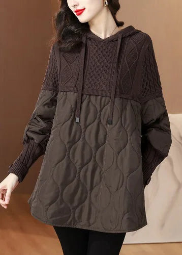 Sudadera de Invierno con Capucha y Diseño de Parchwork Lace-Up en Color Café