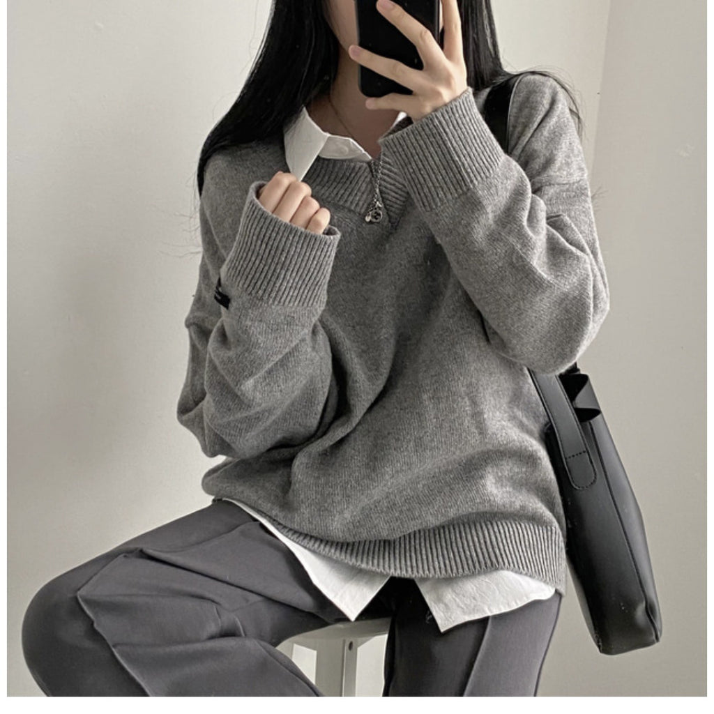 Suéter de Pullover de Cuello en V en Colores Sólidos para un Estilo Academia Oscura