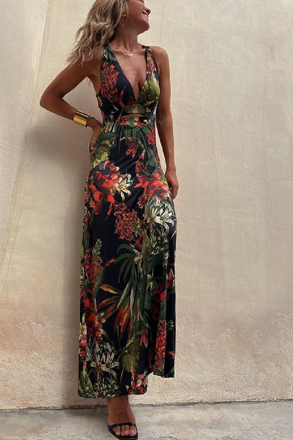 Vestido largo cruzado con estampado tropical y diseño de espalda descubierta ideal para el verano