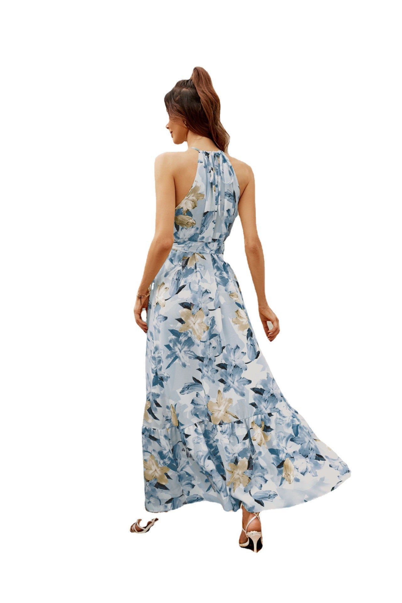 Vestido largo de verano con cuello redondo y estampado floral elegante