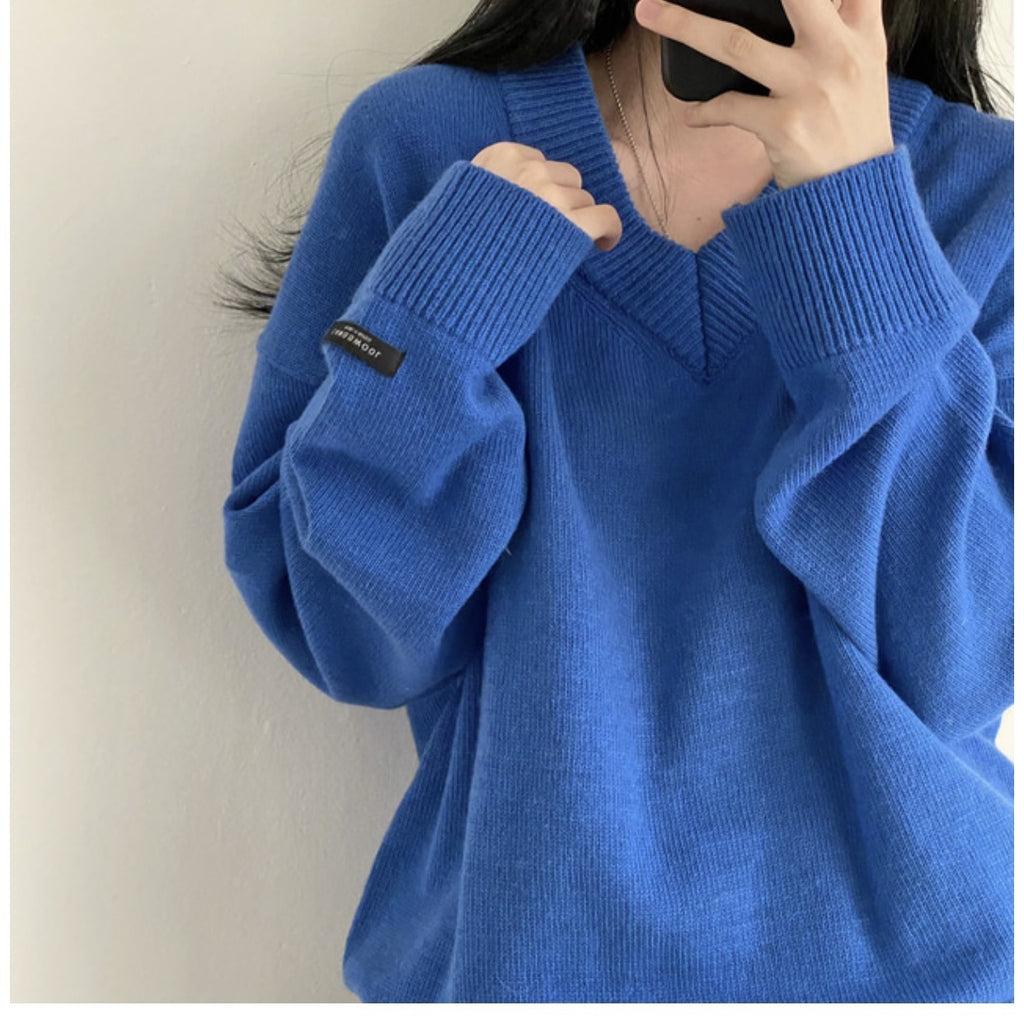 Suéter de Pullover de Cuello en V en Colores Sólidos para un Estilo Academia Oscura