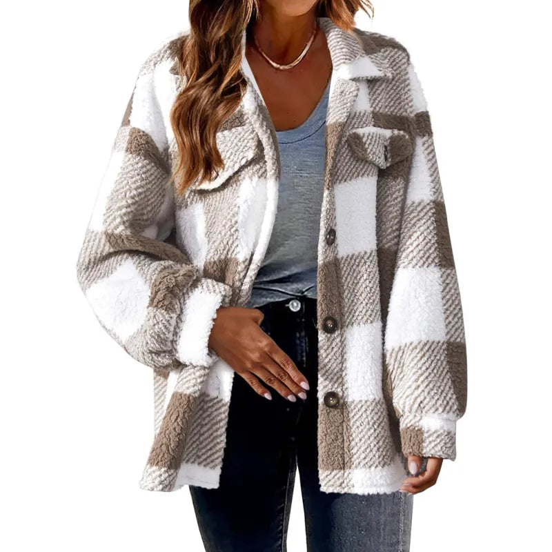 Chaqueta de Mujer con Botones y Estampado de Cuadros - Abrigo Acogedor y Moderno