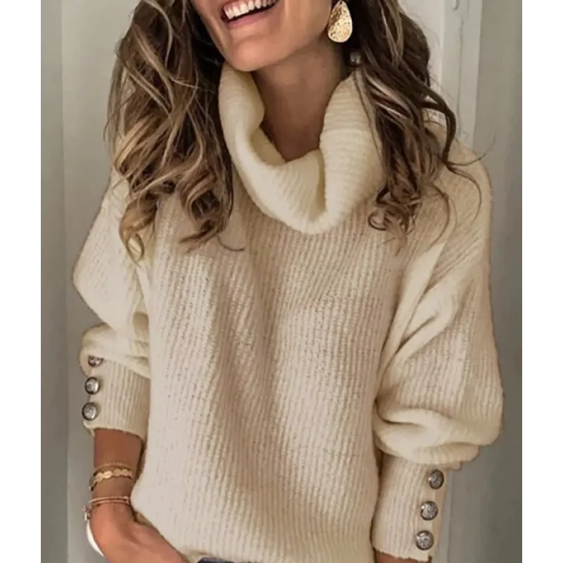 Suéter Casual de Color Sólido con Botones para Mujeres - Estilo Diario