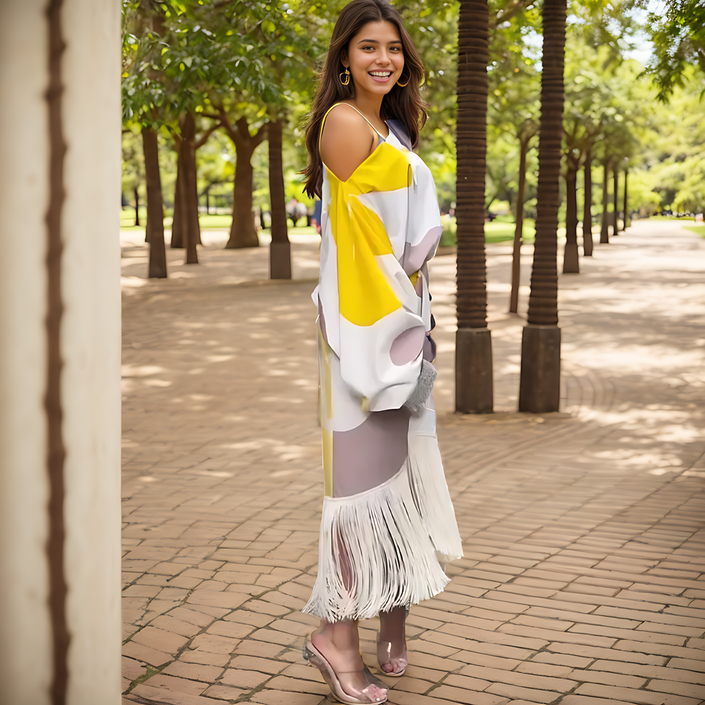 Conjunto elegante de blusa con mangas abullonadas y falda con flecos