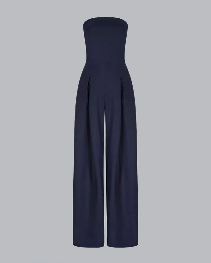 Elegante mono de noche sin tirantes con pantalón amplio para eventos y fiestas