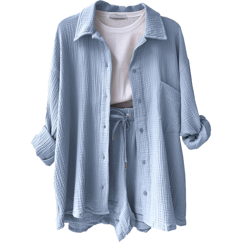 Conjunto veraniego de camisa fluida con botones y pantalón corto a juego para mujer