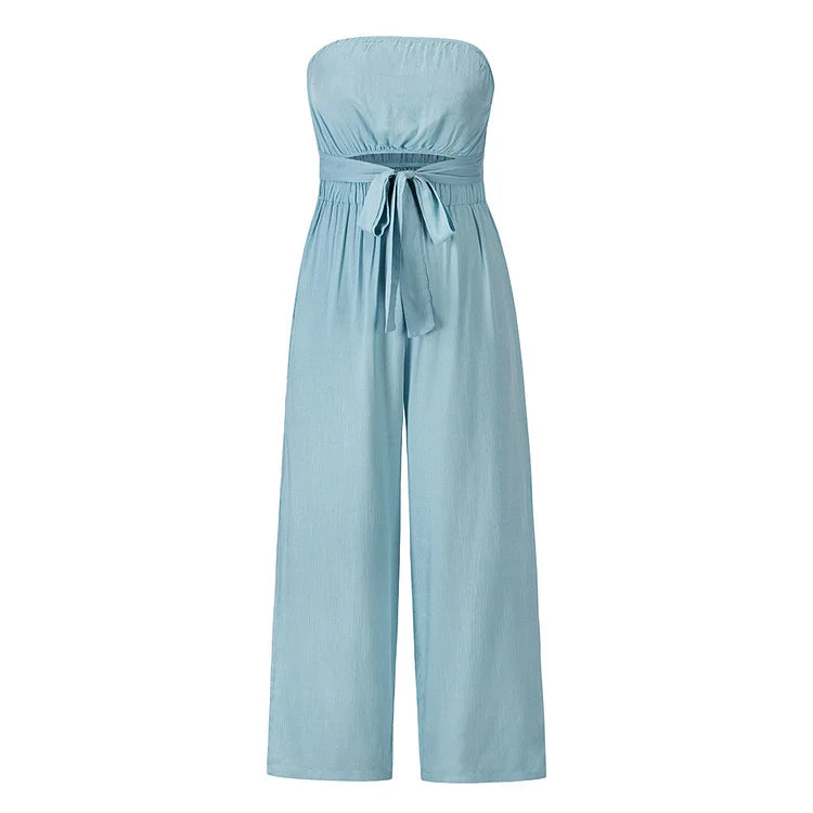 Mono elegante para mujer con diseño sin tirantes y pantalón ancho