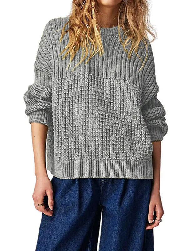 Jersey Casual de Manga Larga, Color Sólido y Cuello Redondo - Ajuste Suelto