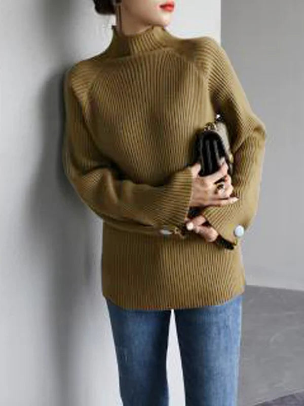 Suéter de Cuello Alto Amplio y Cómodo para Mujer - Color Sólido