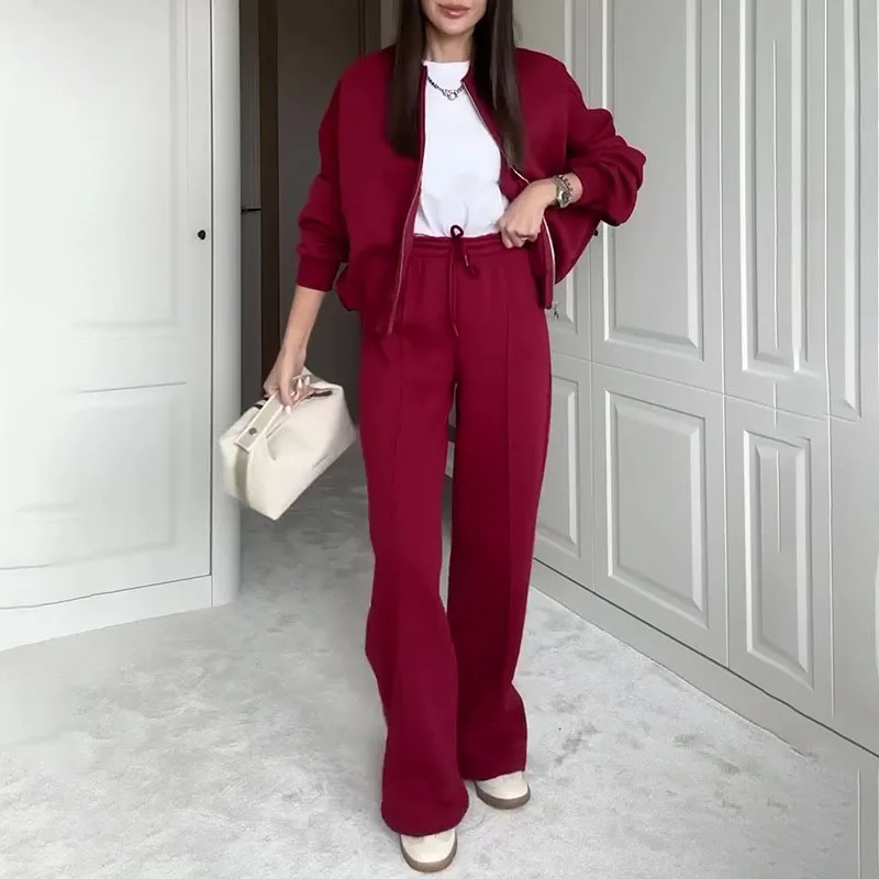 Conjunto deportivo casual para mujer con chaqueta de cremallera y pantalón acampanado de talle alto
