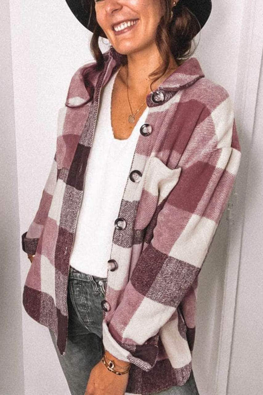 Chaqueta de Manga Larga con Botones y Bolsillo en Bloque de Color Cuadriculado