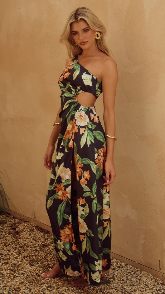 Vestido largo de verano con un solo hombro y cuello alto con estampado floral