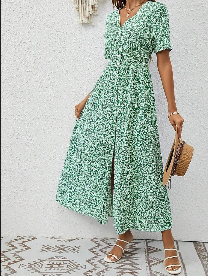 Vestido maxi ligero para mujer con mangas cortas y escote en V