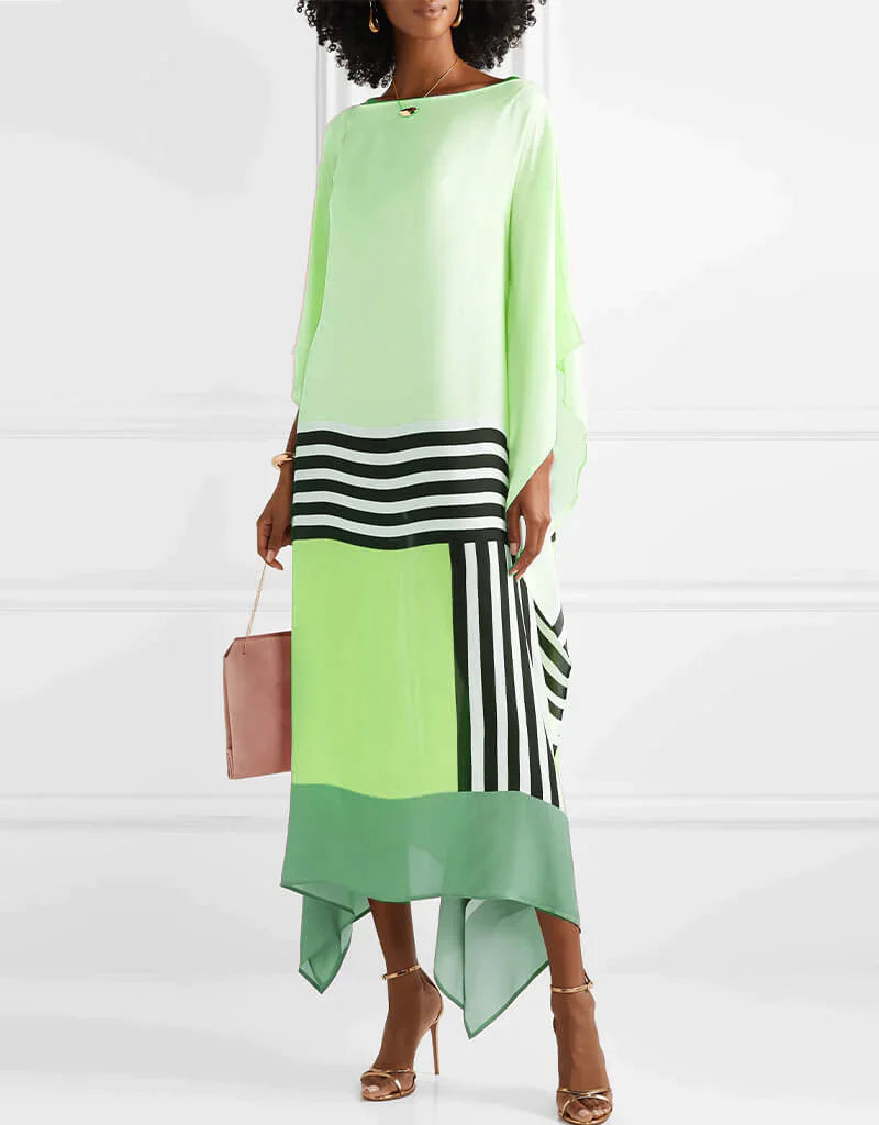 Vestido midi moderno estilo murciélago con estampado geométrico elegante
