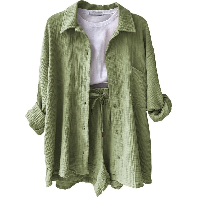 Conjunto veraniego de camisa fluida con botones y pantalón corto a juego para mujer
