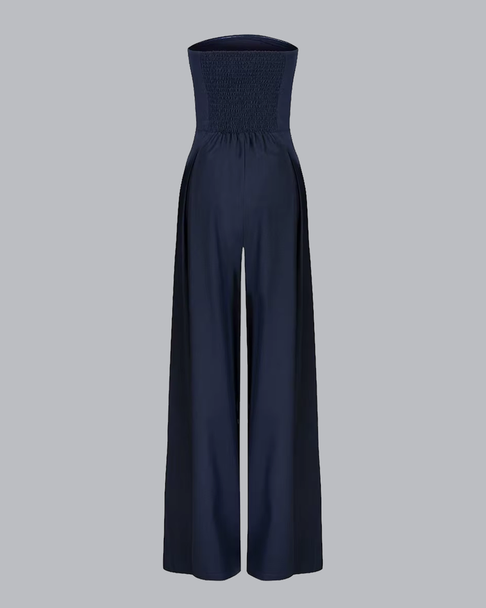 Elegante mono de noche sin tirantes con pantalón amplio para eventos y fiestas