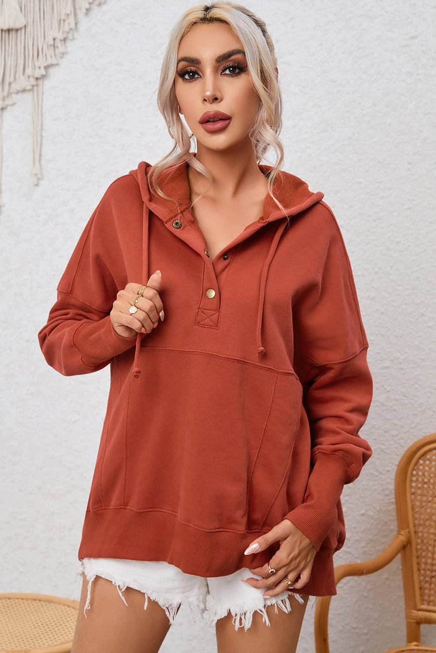 Sudadera Ancha con Capucha Naranja, Cierres a Presión y Agujeros para Pulgares