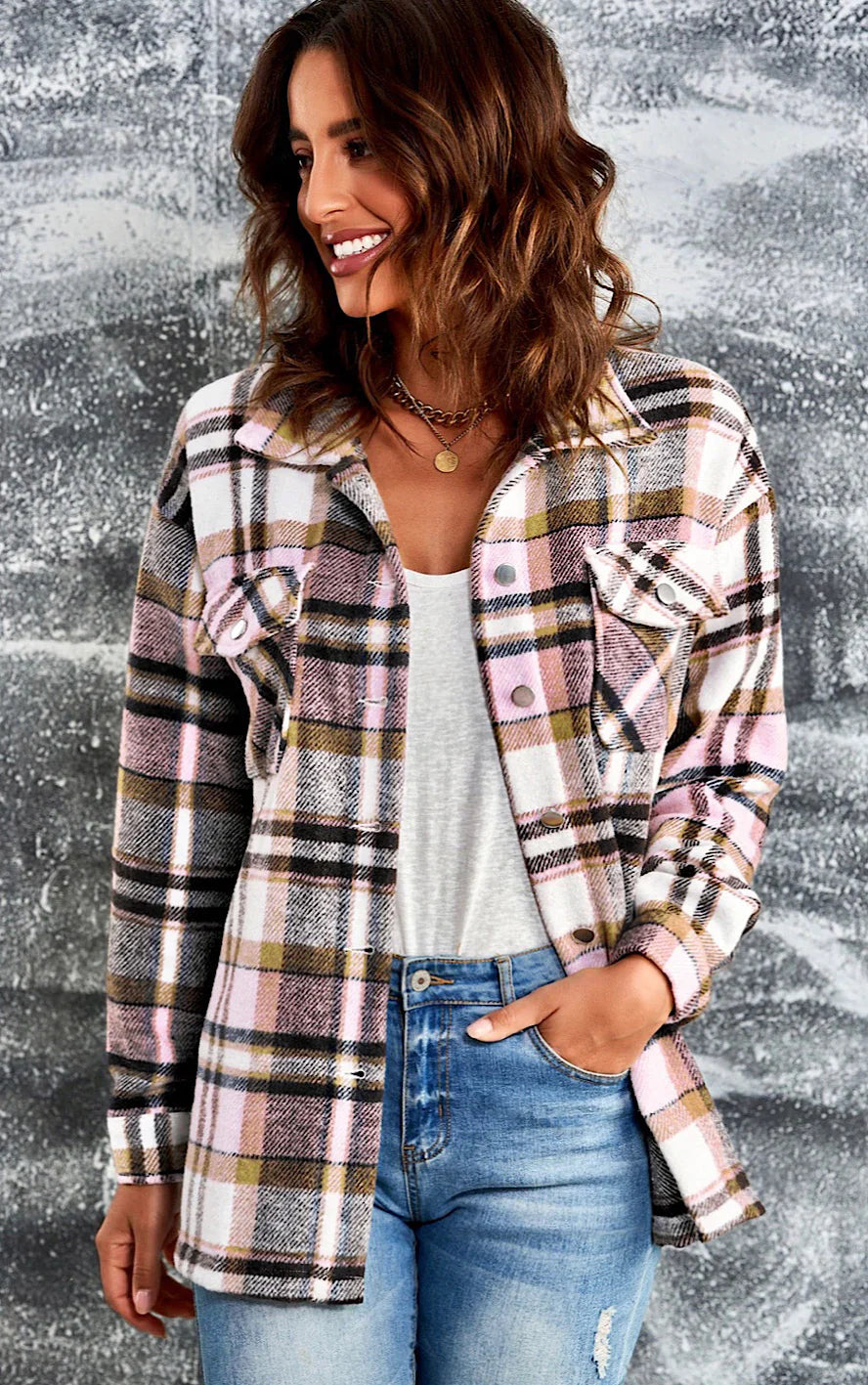 Chaqueta de Cuadros Acogedora con Botones y Bolsillos