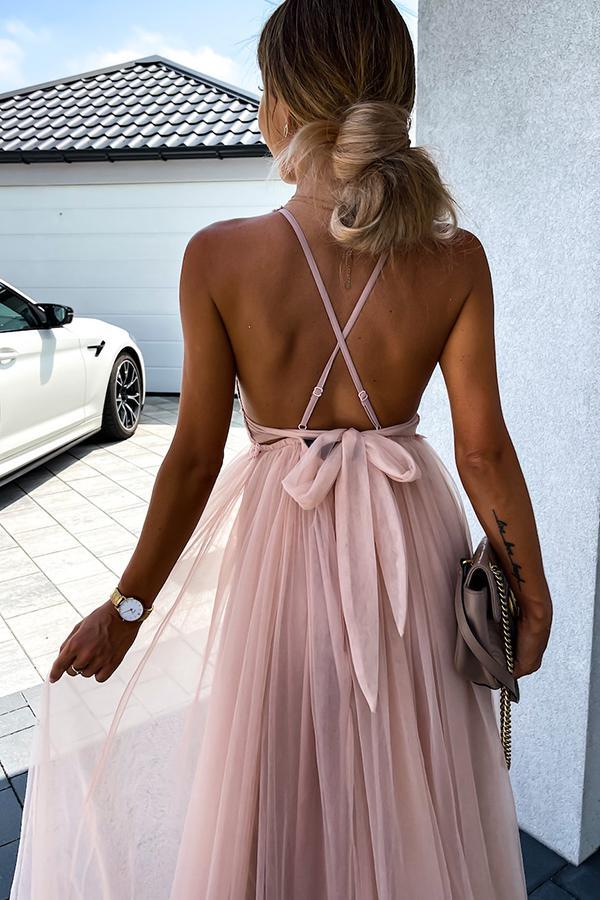 Vestido largo de noche plisado para mujer con espalda descubierta elegante