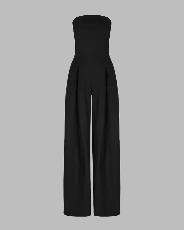 Elegante mono de noche sin tirantes con pantalón amplio para eventos y fiestas