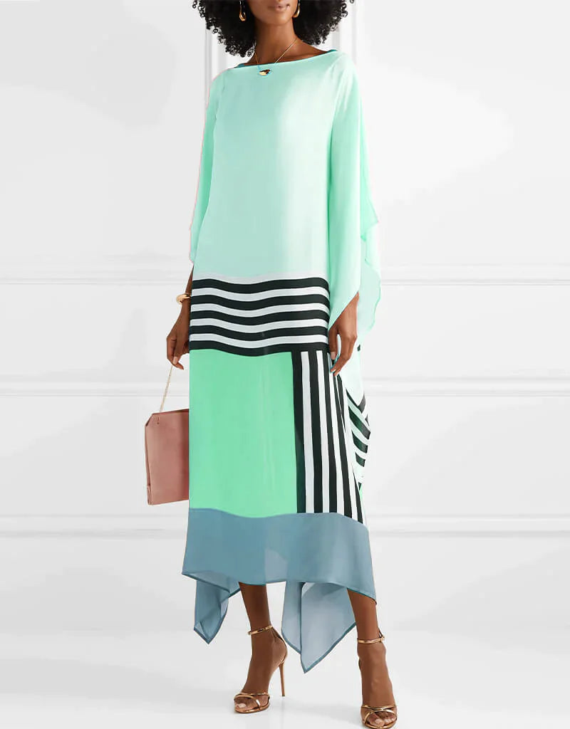 Vestido midi moderno estilo murciélago con estampado geométrico elegante