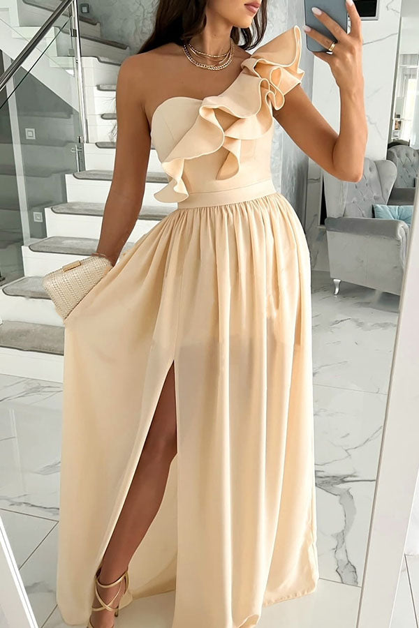 Vestido Largo Elegante de Fiesta con Volantes y un Solo Hombro