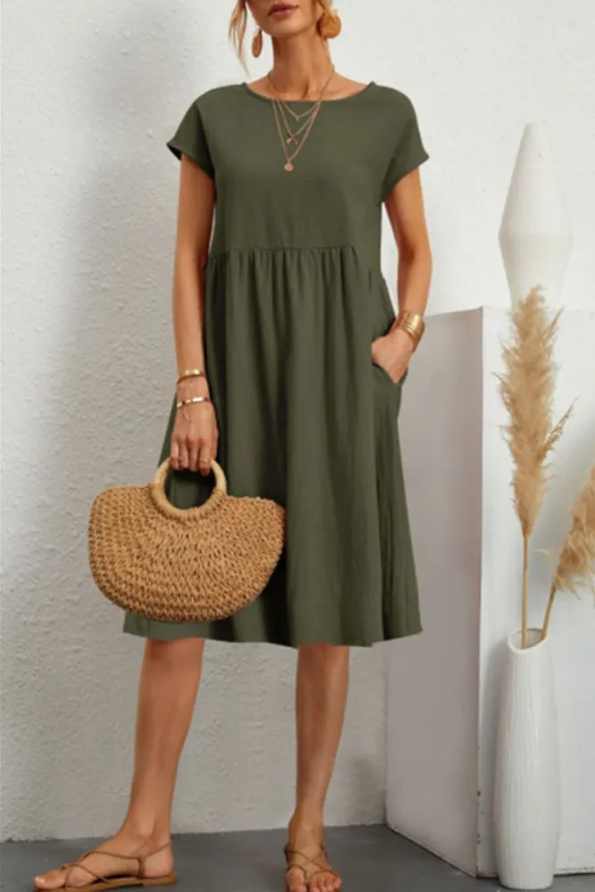 Melanie - Vestido Informal de Patchwork Monocolor con Escote en O y Mangas Cortas en A