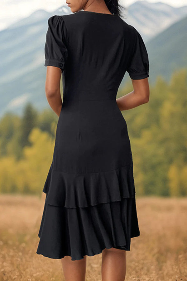 Vestido elegante de mujer con escote en V botones detalle de volante y diseño asimétrico