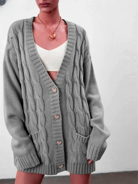 Cárdigan extragrande para mujer con botones de corazón: jersey de punto cálido para otoño e invierno