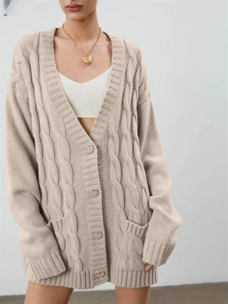 Cárdigan extragrande para mujer con botones de corazón: jersey de punto cálido para otoño e invierno