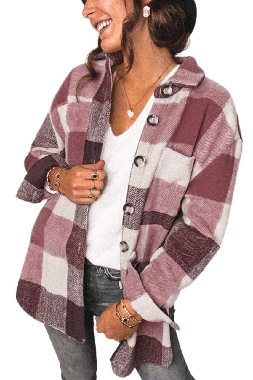 Chaqueta de Manga Larga con Botones y Bolsillo en Bloque de Color Cuadriculado