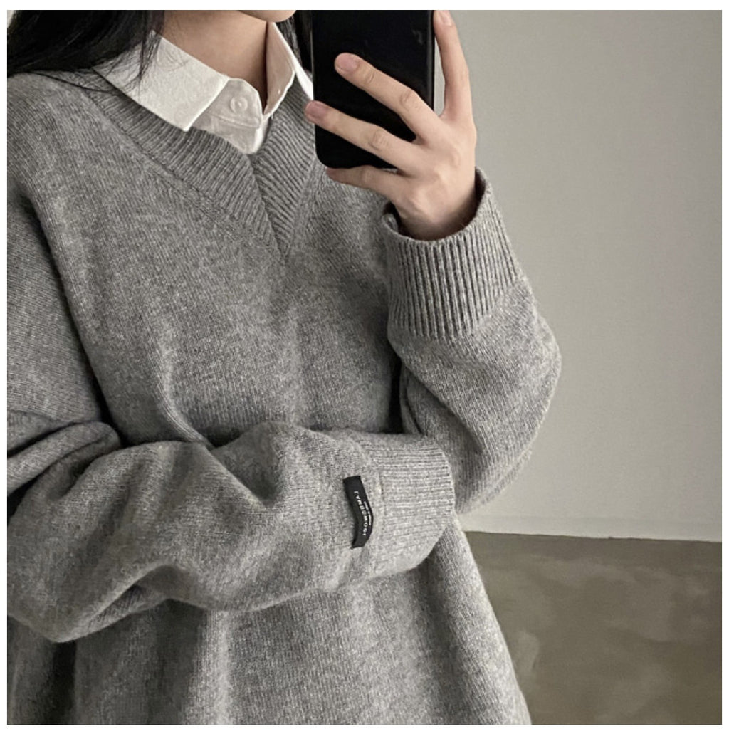 Suéter de Pullover de Cuello en V en Colores Sólidos para un Estilo Academia Oscura