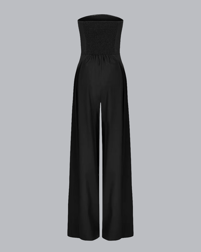 Elegante mono de noche sin tirantes con pantalón amplio para eventos y fiestas