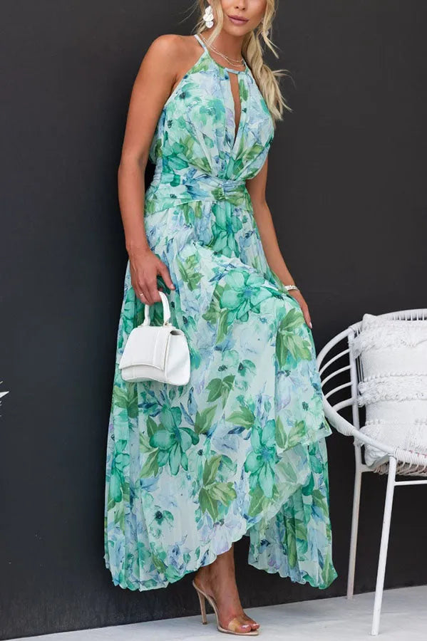 Vestido midi con pliegues y escote calado floral elegante para mujer