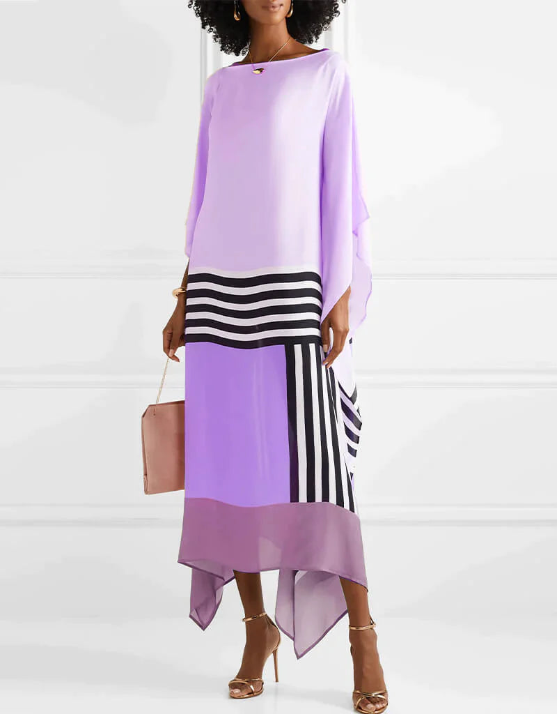 Vestido midi moderno estilo murciélago con estampado geométrico elegante