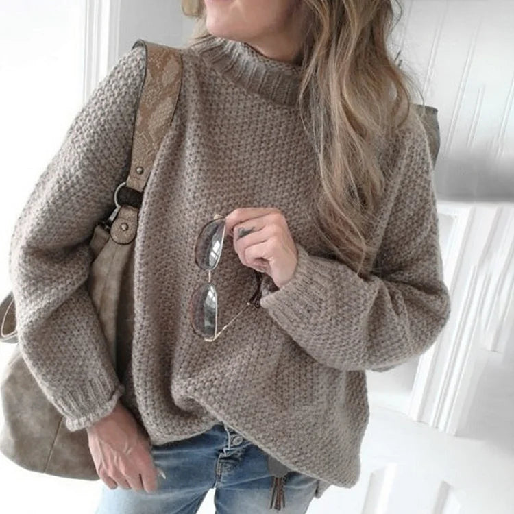 Suéter Vintage de Cuello Alto con Dobladillo en Color Sólido