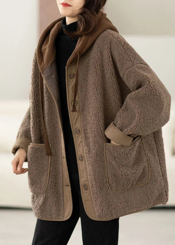 Abrigo de Invierno en Color Café con Capucha, Diseño de Dos Piezas y Cordón Ajustable