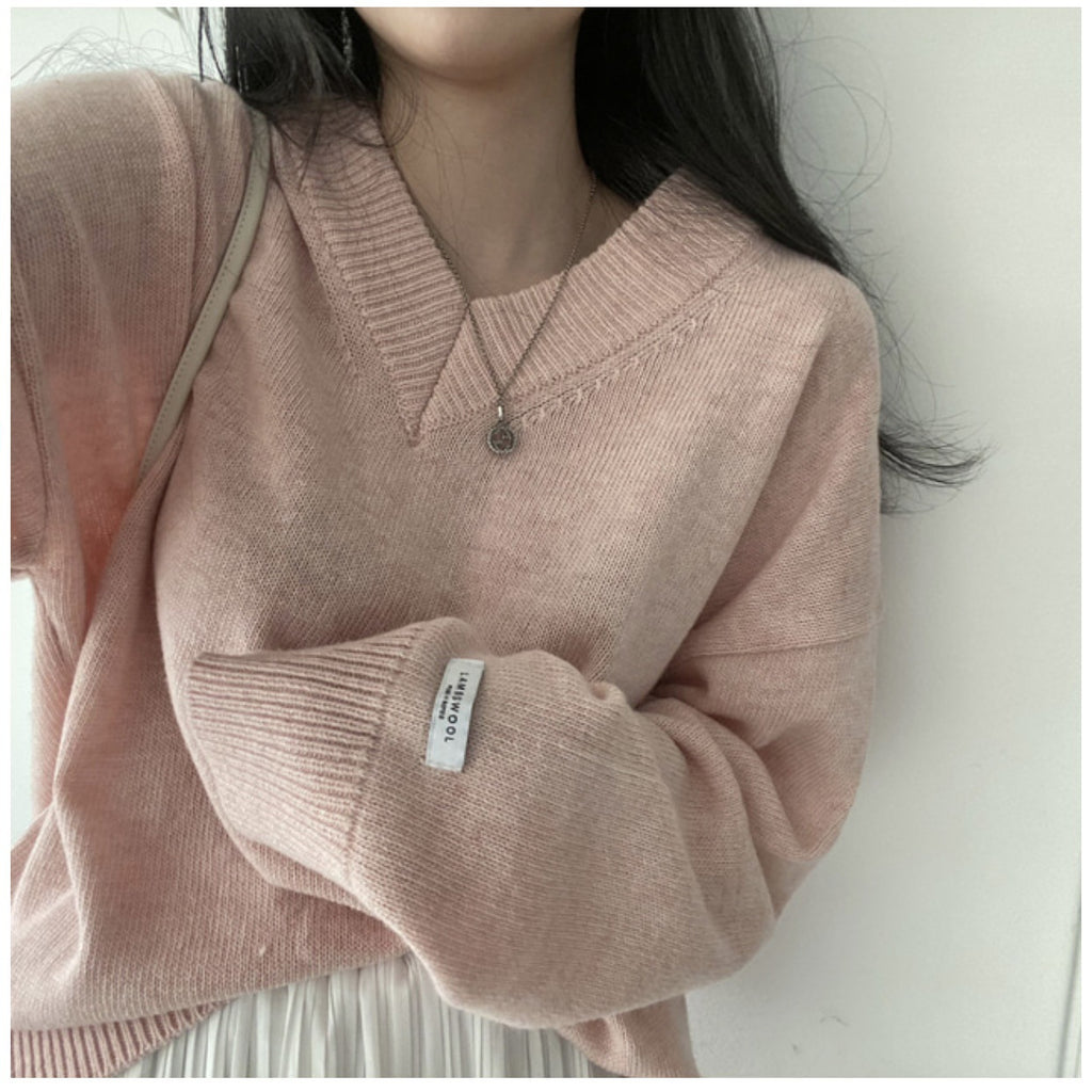 Suéter de Pullover de Cuello en V en Colores Sólidos para un Estilo Academia Oscura