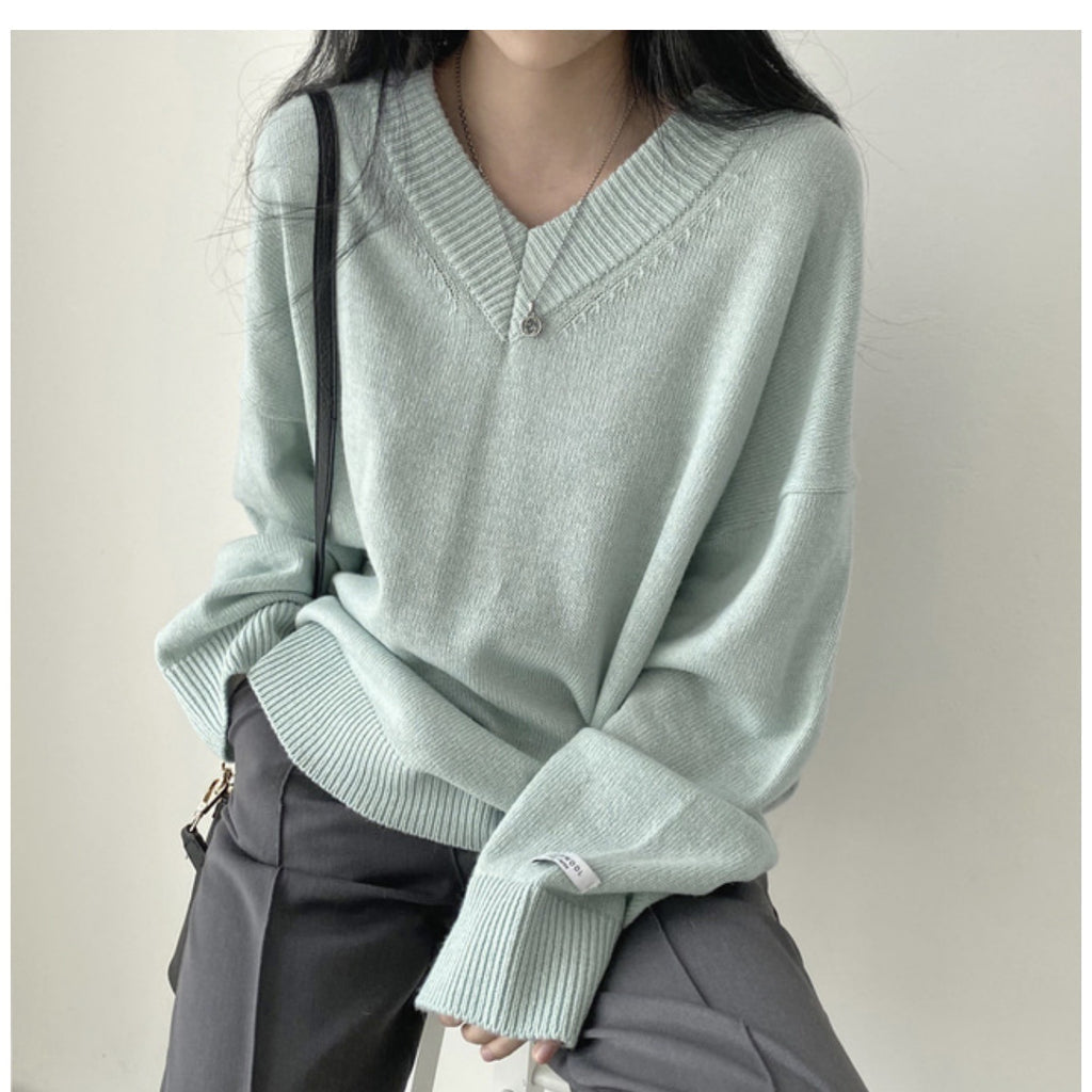 Suéter de Pullover de Cuello en V en Colores Sólidos para un Estilo Academia Oscura