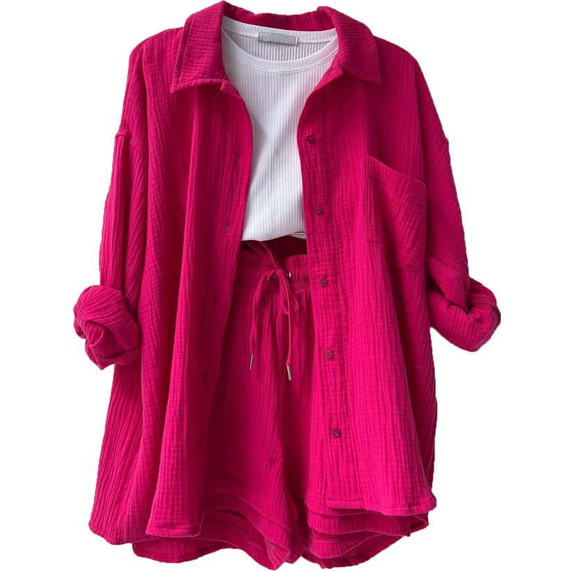 Conjunto veraniego de camisa fluida con botones y pantalón corto a juego para mujer
