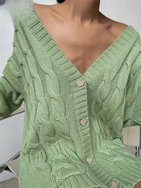 Cárdigan extragrande para mujer con botones de corazón: jersey de punto cálido para otoño e invierno