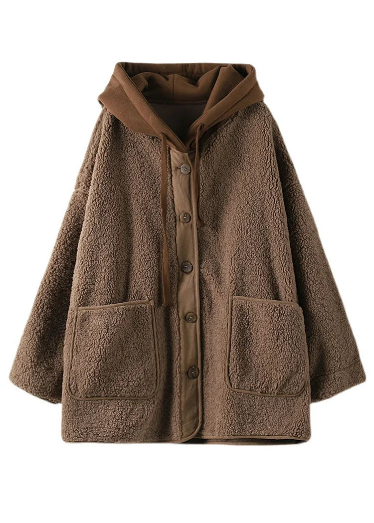 Abrigo de Invierno en Color Café con Capucha, Diseño de Dos Piezas y Cordón Ajustable