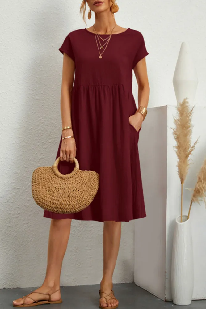 Melanie - Vestido Informal de Patchwork Monocolor con Escote en O y Mangas Cortas en A