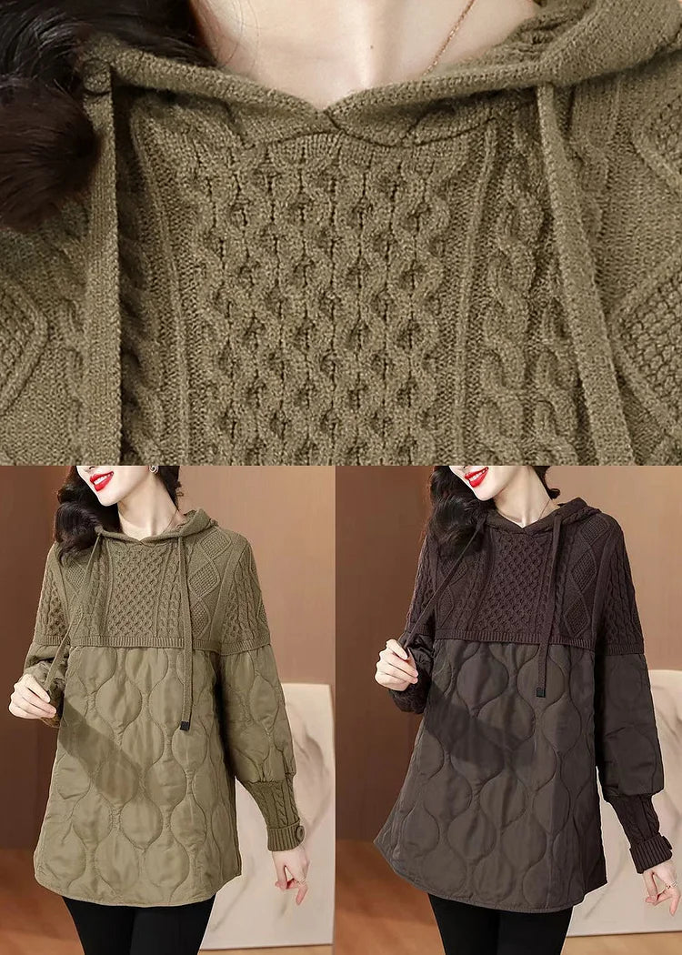 Sudadera de Invierno con Capucha y Diseño de Parchwork Lace-Up en Color Café