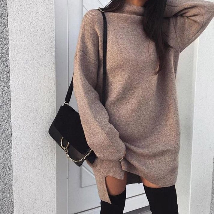 Jersey Largo de Cuello Alto y Corte Suelto con Aberturas Laterales para Mujer