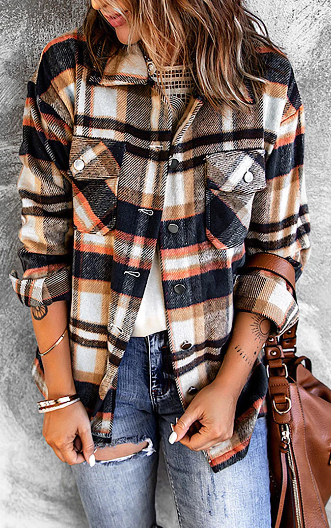 Chaqueta de Cuadros Acogedora con Botones y Bolsillos