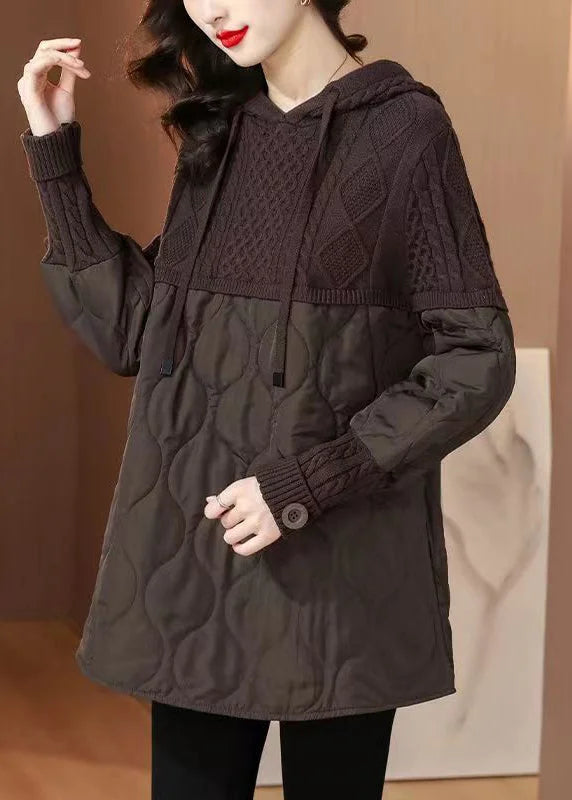 Sudadera de Invierno con Capucha y Diseño de Parchwork Lace-Up en Color Café