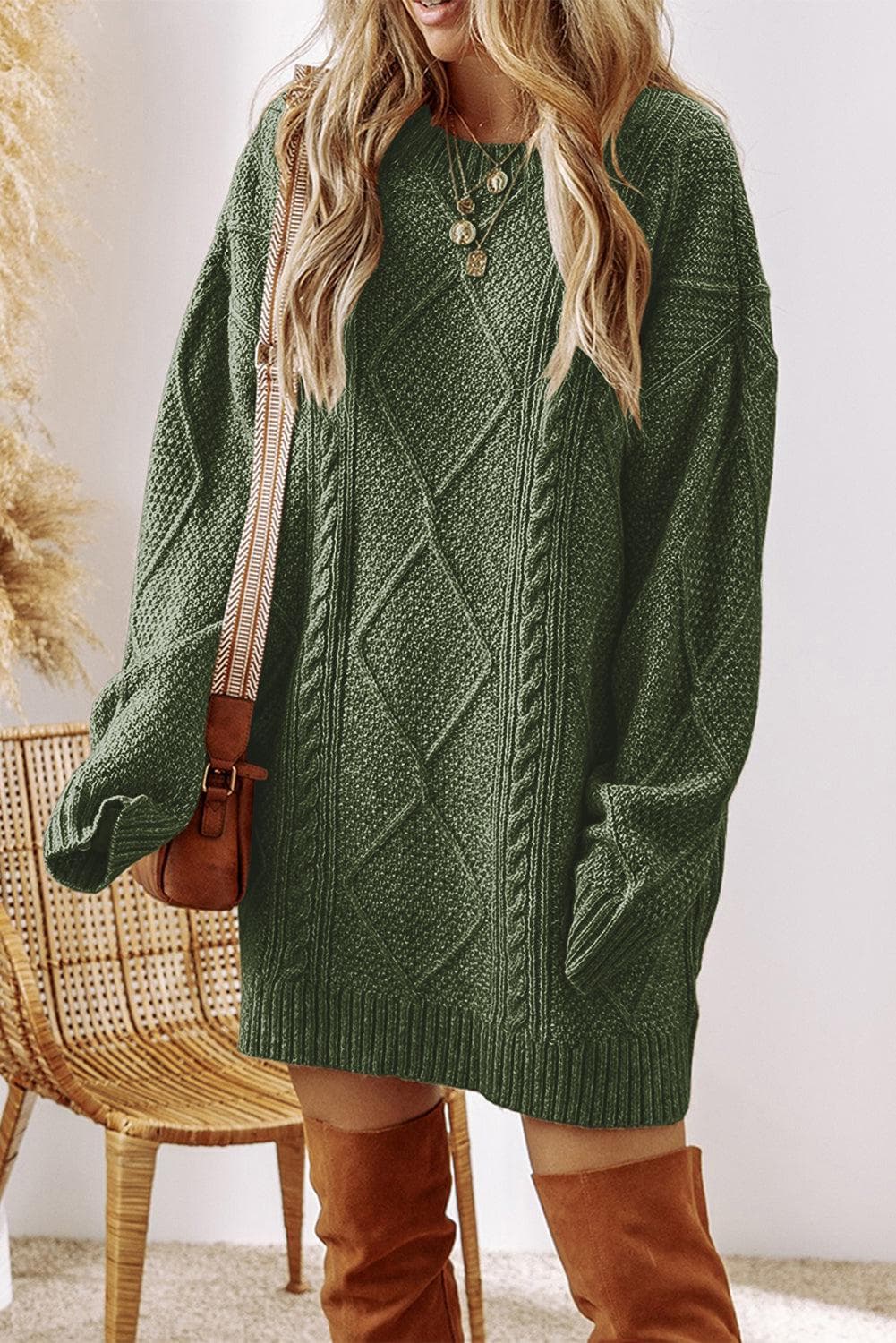 Vestido de Suéter Oversized de Punto de Cable en Verde Salvia para Mujeres
