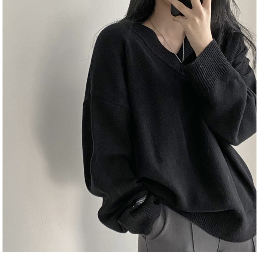Suéter de Pullover de Cuello en V en Colores Sólidos para un Estilo Academia Oscura
