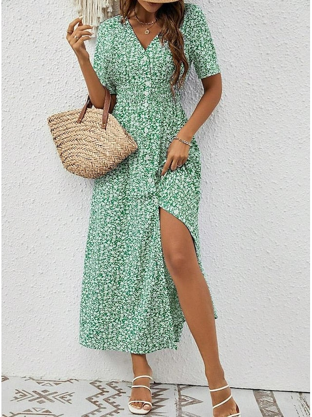 Vestido maxi ligero para mujer con mangas cortas y escote en V